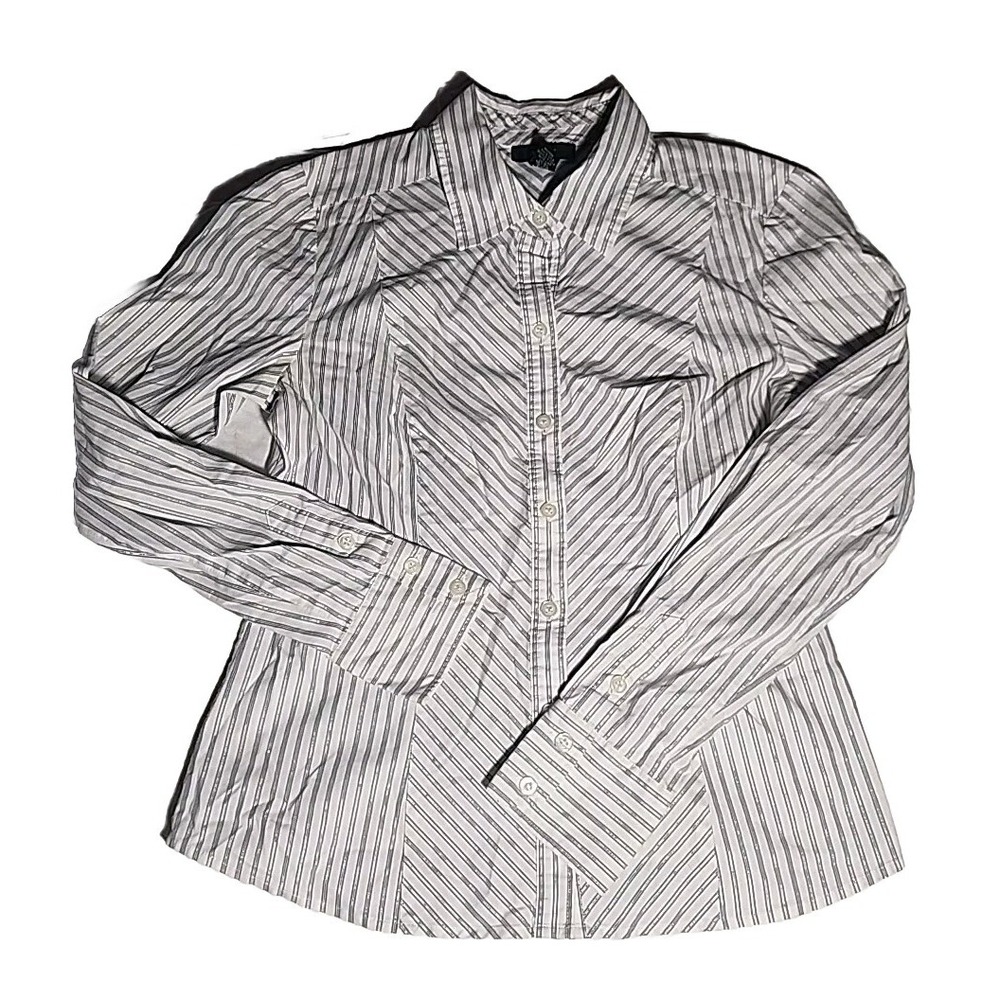 Alfani‎ Oxford Button Down Long Sleeve Blouse Blue and White Pin Stripe Size 4